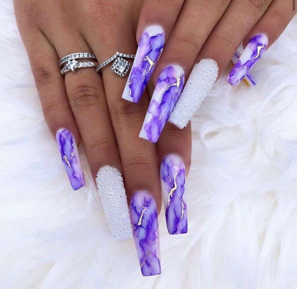 Purple Marble Nails With White Crystals