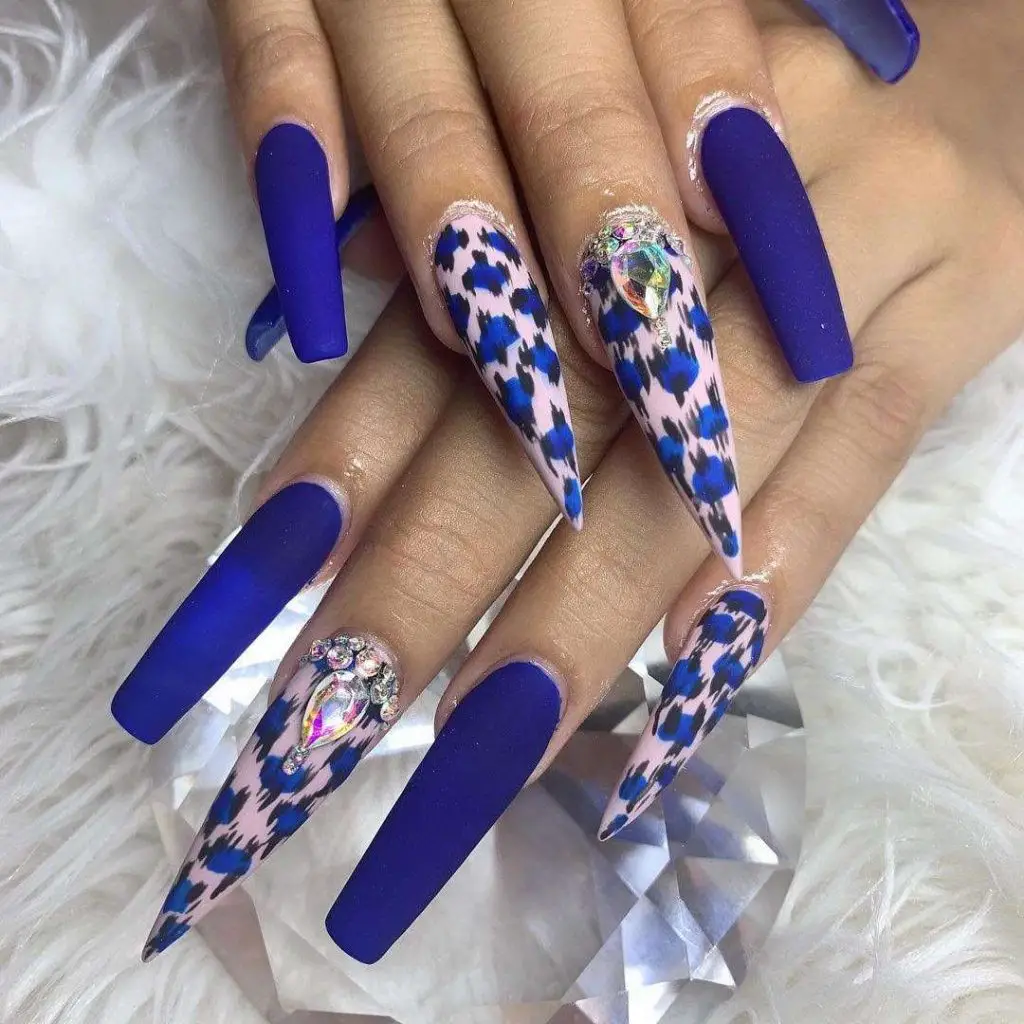 Long Pointy Blue Matte Nails With Cheetah Design
