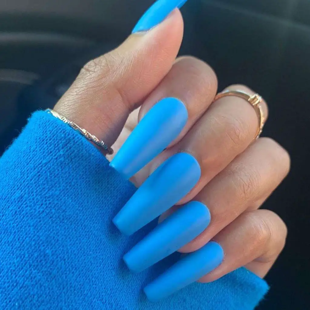 Long Bright Blue Matte Nails