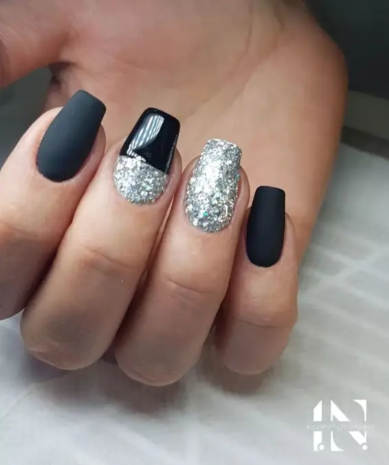 Short Square Black And Silver Nails