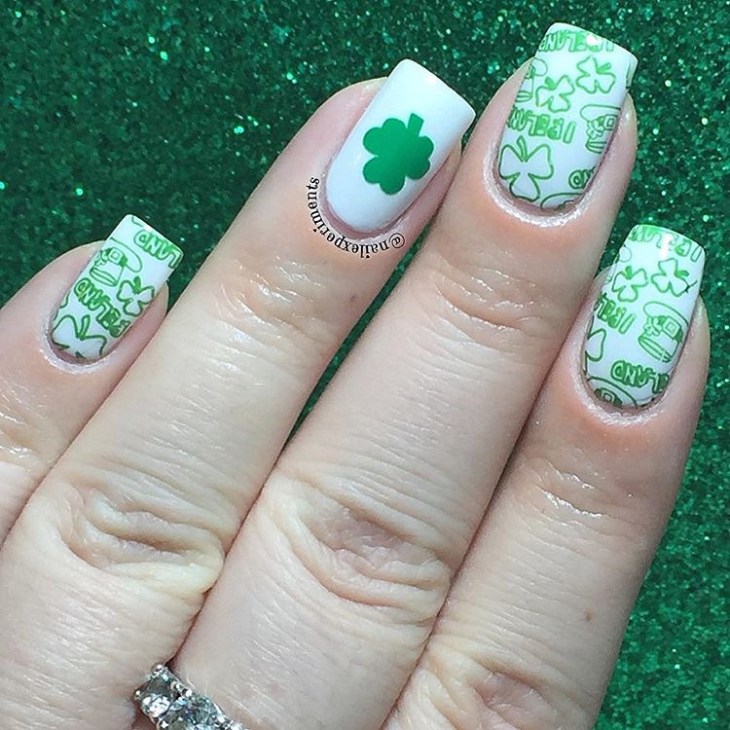 Green On White St Patrick'S Day Nails