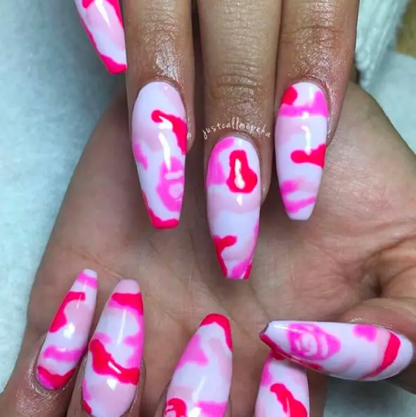 Pink Coffin Camo Nails