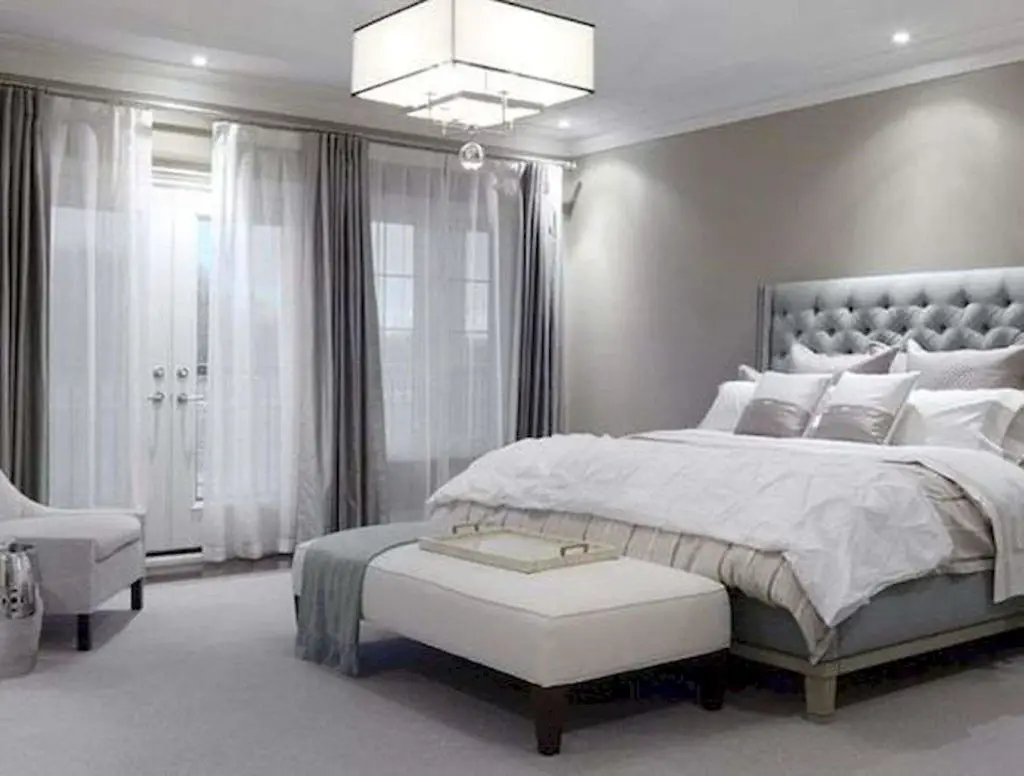grey and silver bedroom with lighting