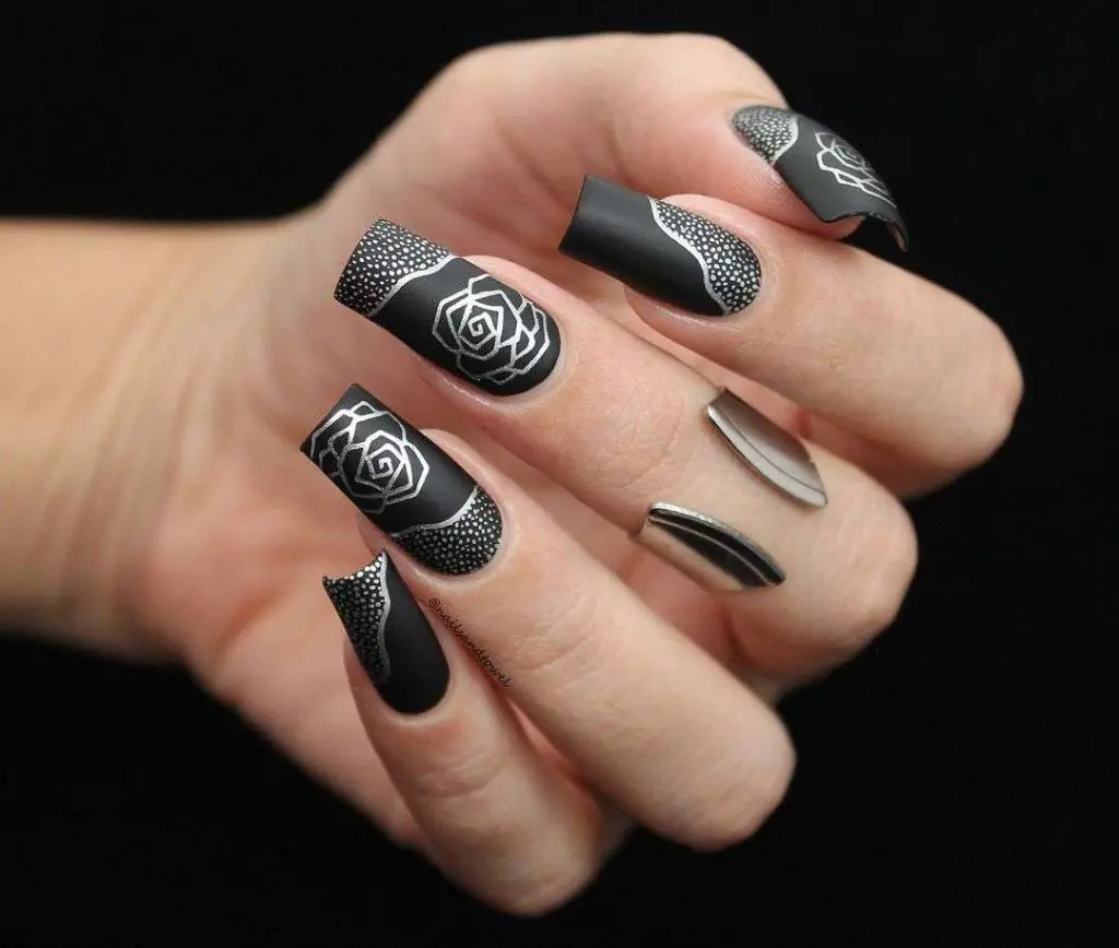 Floral, Black And Silver Nail Designs