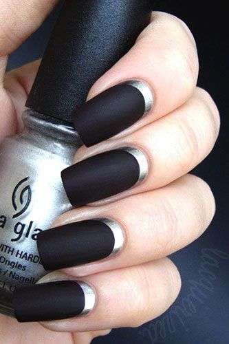 Silver Sliver + Black Matte Sparkly Nails