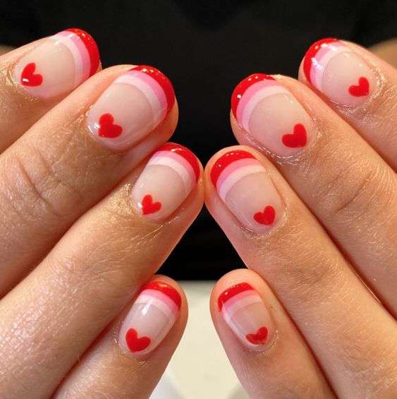 Red Tip Short Valentines Day Nails