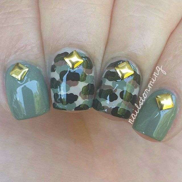 Gold Embellished Camo Nails