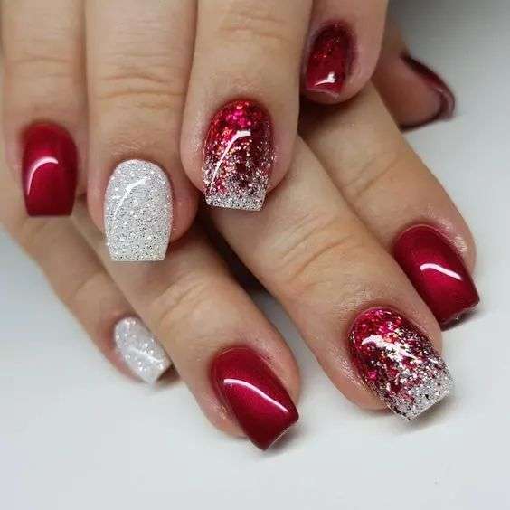 Red And White Glitter Nails