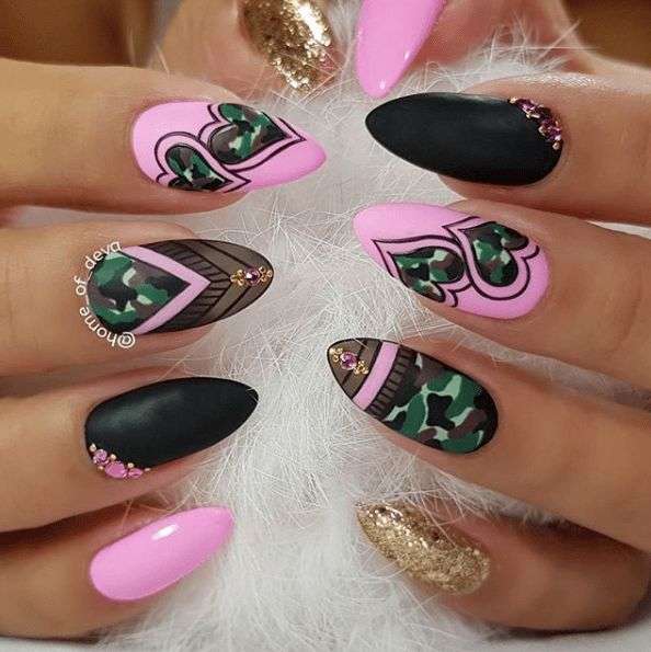 Pink Hearts Camo Nails