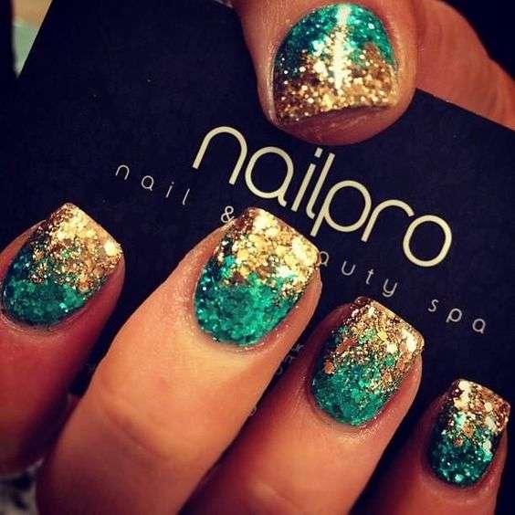 Mermaid Green + Gold Sparkly Nails