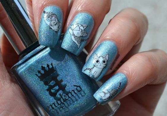 cat nail art glittery blue