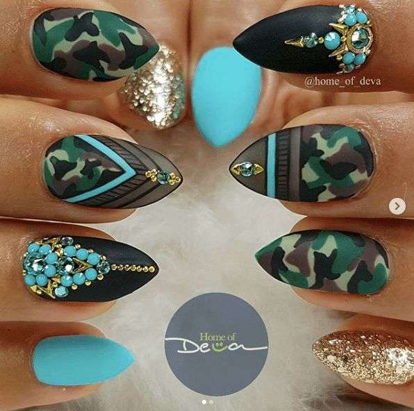 Turquoise &Amp; Camo Nails