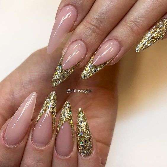 Sparkly Nails With Gold Glitter Tips