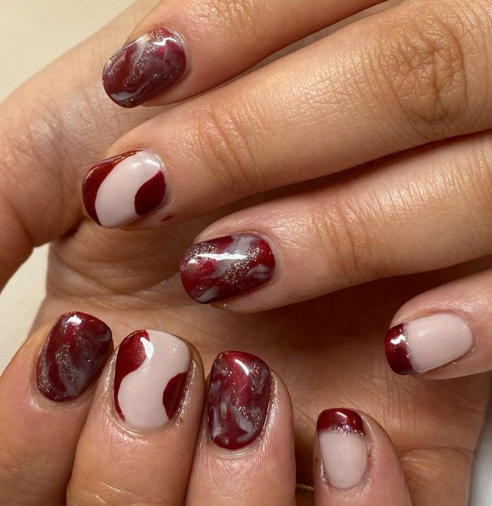 Marbled White And Red Valentine’s Day Nails