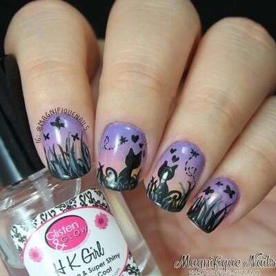 cat nail art with butterflies