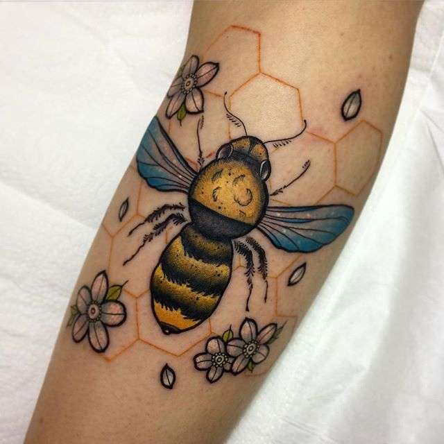 Neotraditional Honeycomb Honey Bee Tattoo Design