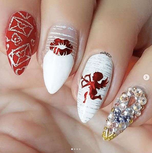 Red Valentine’s Day Nails With Cupid
