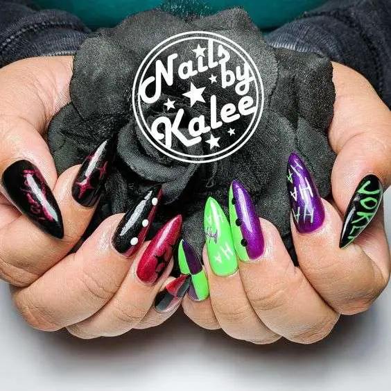 Black and Red, Green and Purple Harley Quinn Nails 