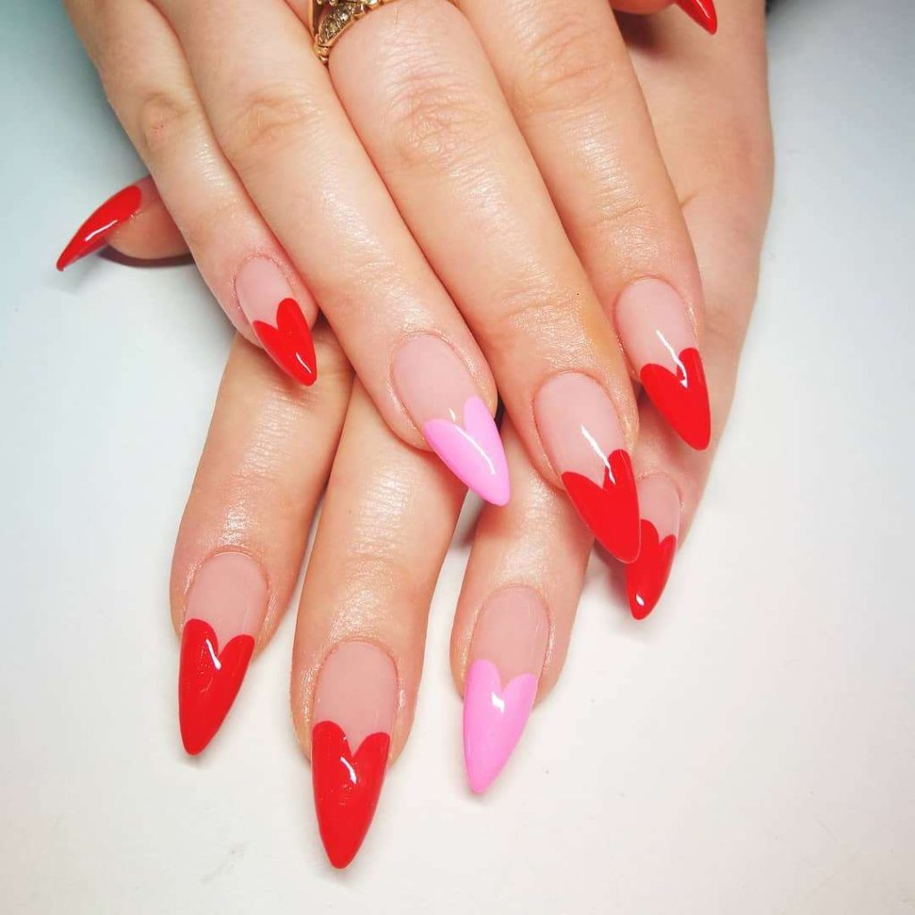 Red Valentine’s Day Nails With Heart Shaped Tips