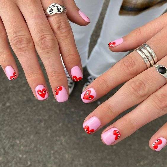 Red And Pink Valentine's Day Nails Short