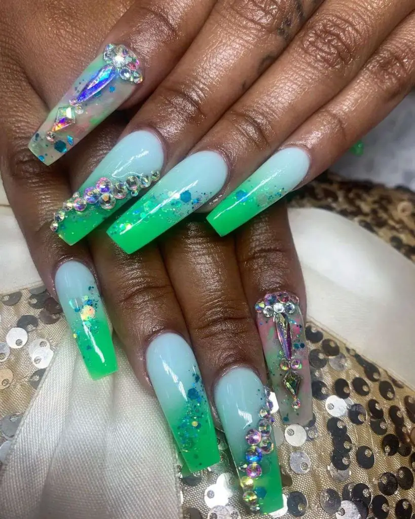 Coffin Shaped Blue And Green Ombre Nails