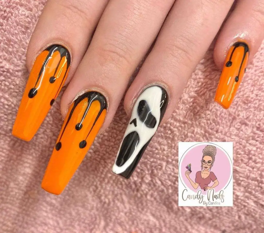 Long Orange Scream Nails Halloween