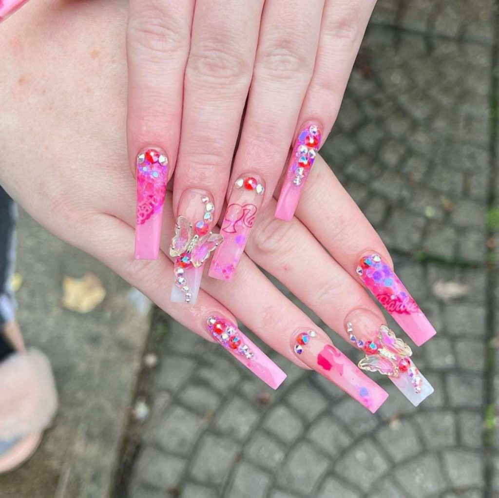 Acrylic Long Barbie Light Pink Nails With Butterflies
