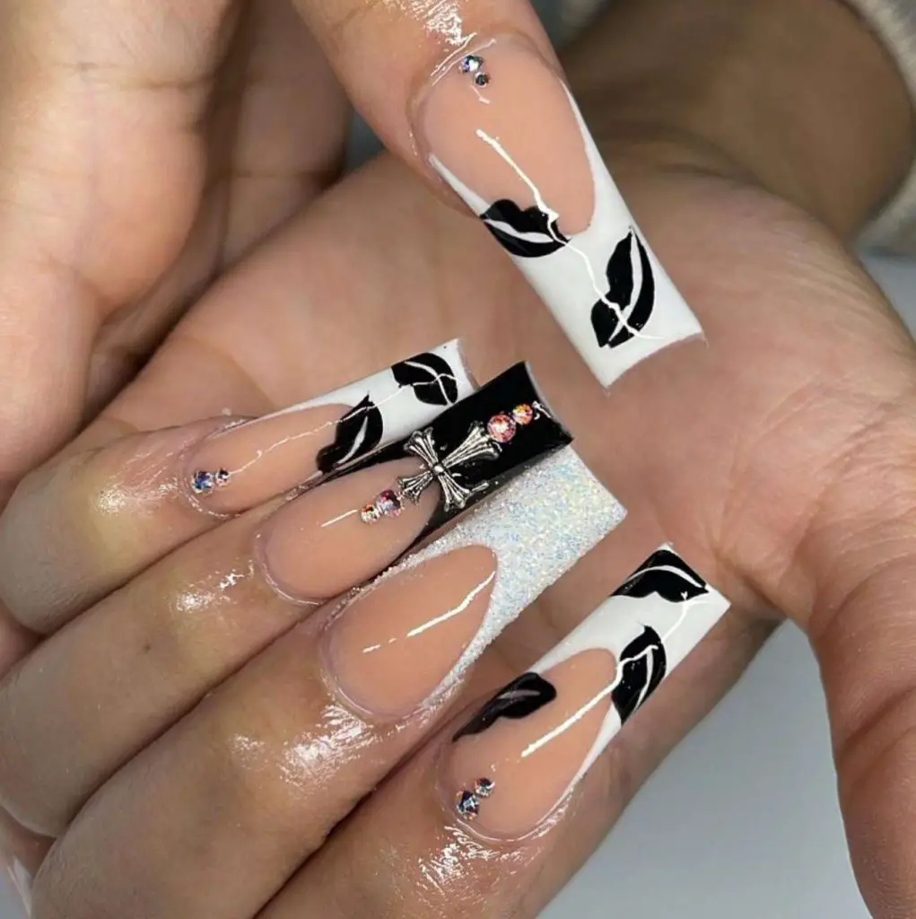 Beautifully-Blended Black And White Stiletto Nails With Rhinestones