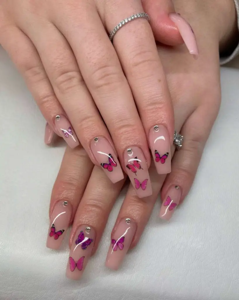 Beige And Pink Butterfly Nails