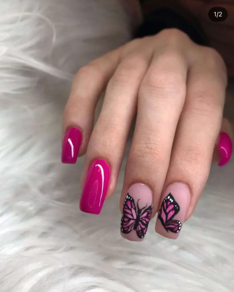 Combination Of Bright And Baby Pink Butterfly Nails