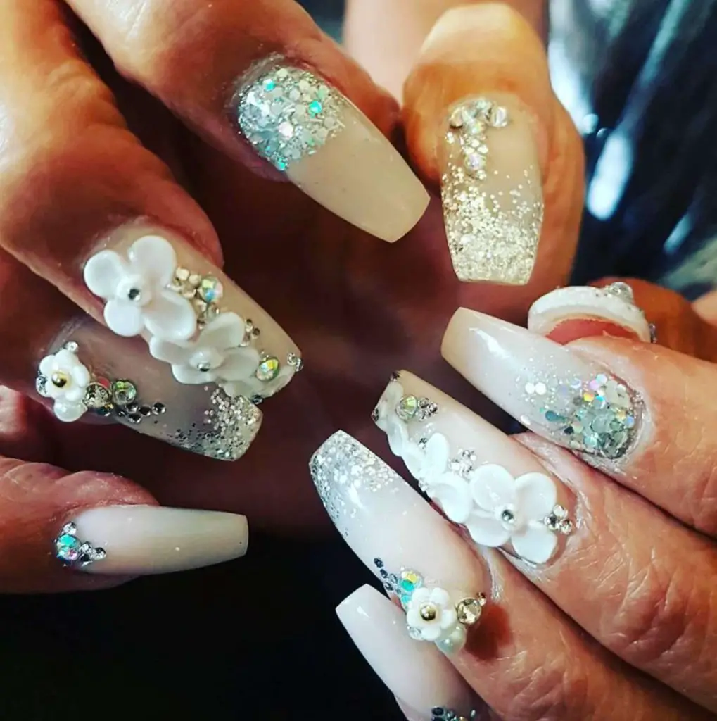 Flowery Bling White Coffin Nails With Rhinestones