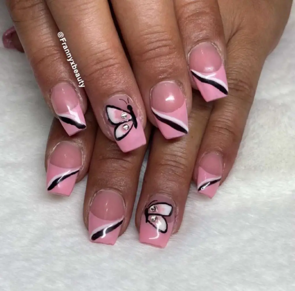 French Pink Coffin Nails With Butterflies