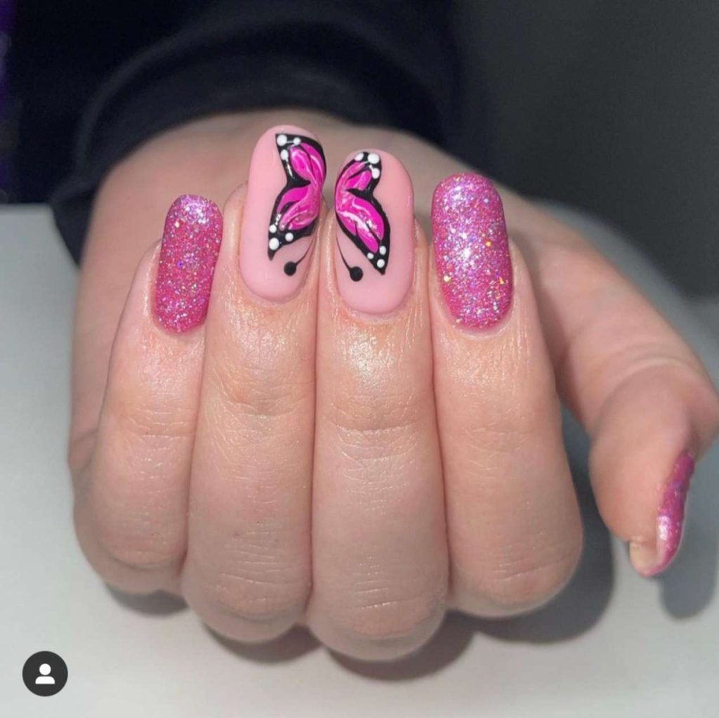 Glittery Hot Pink Butterfly Nails
