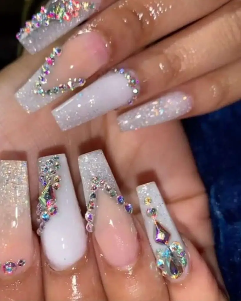 Gorgeous Bling White Coffin Nails With Rhinestones