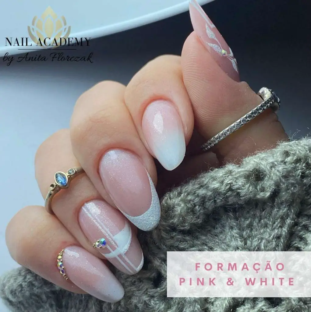 Light Pink And White Nails With Rhinestones