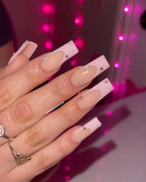 Light Pinky Nude Baddie Simple Coffin Nails With Rhinestones
