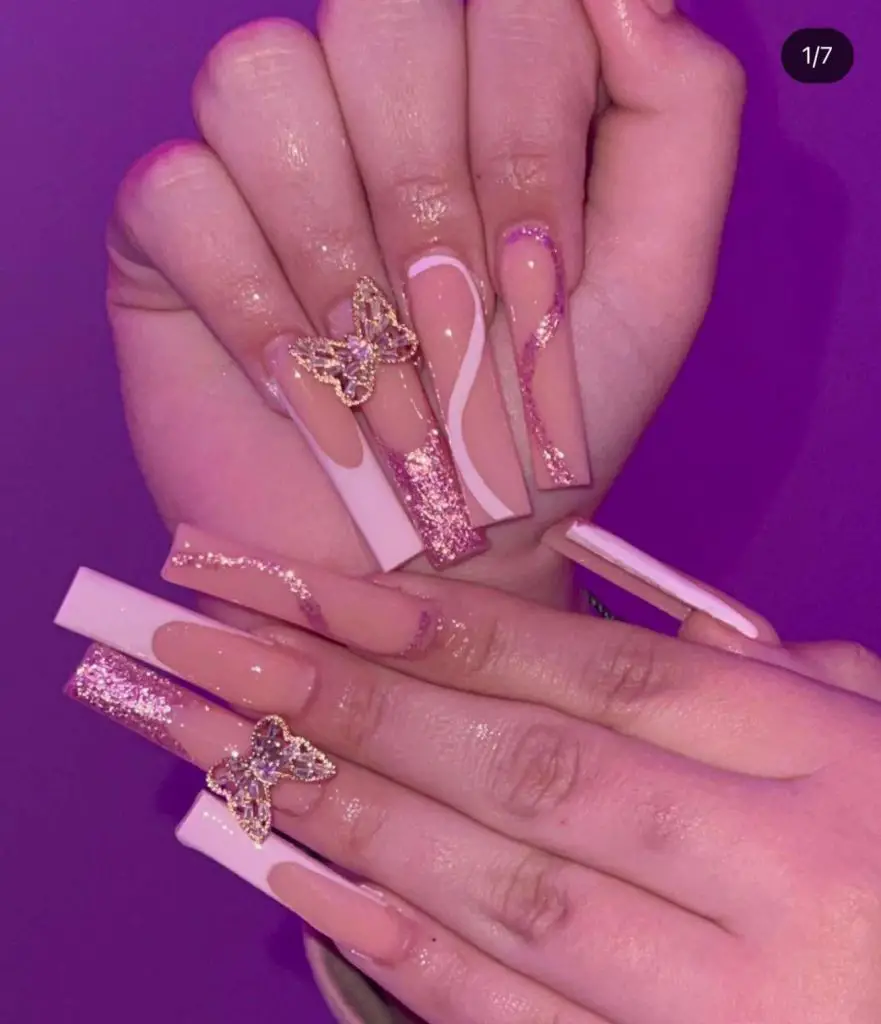 Long Acrylic Baby Pink Butterfly Nails