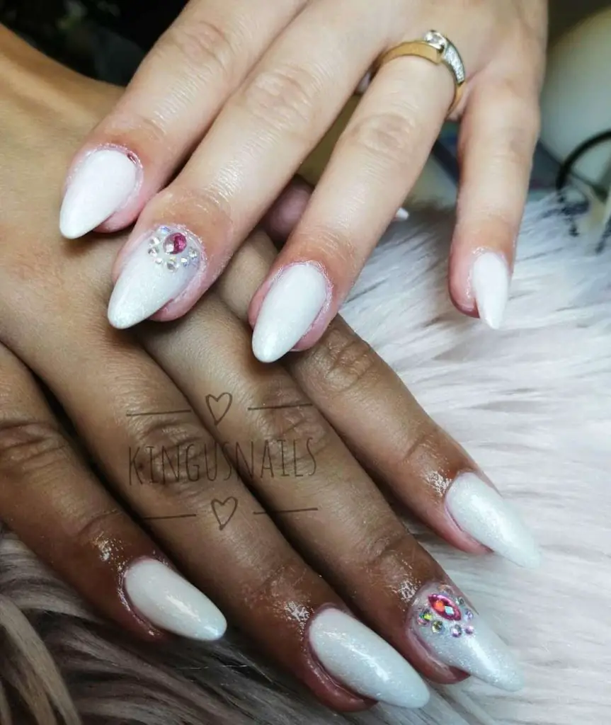 Long Acrylic White Nails With Rhinestones And Glitter