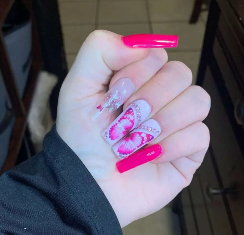 Long Acrylic White And Pink Butterfly Nails