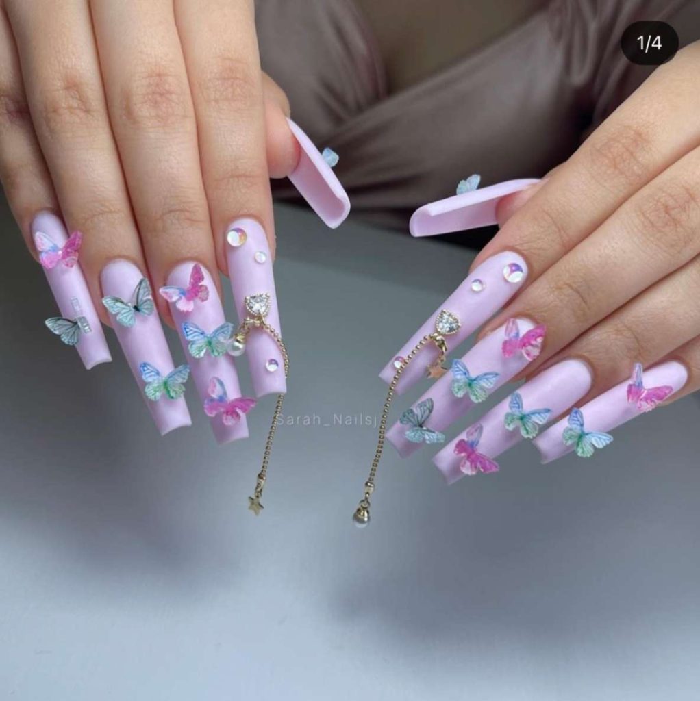 Long Light Pink Nails With Butterflies