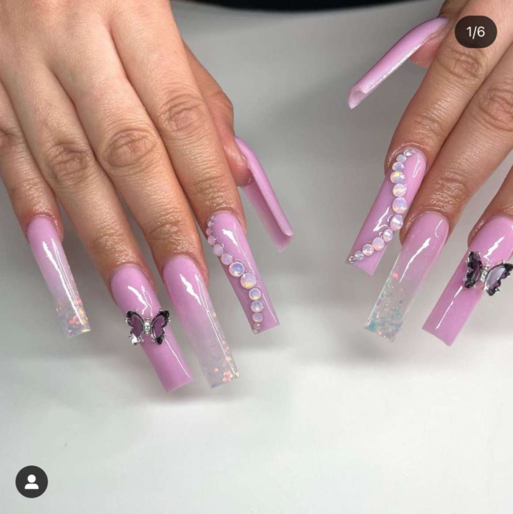 Long Pink Butterfly Nails With Embedded Pearls