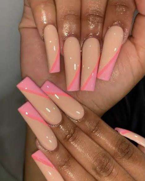 Matte Brown And Pink Baddie Simple Coffin Nails With Rhinestones