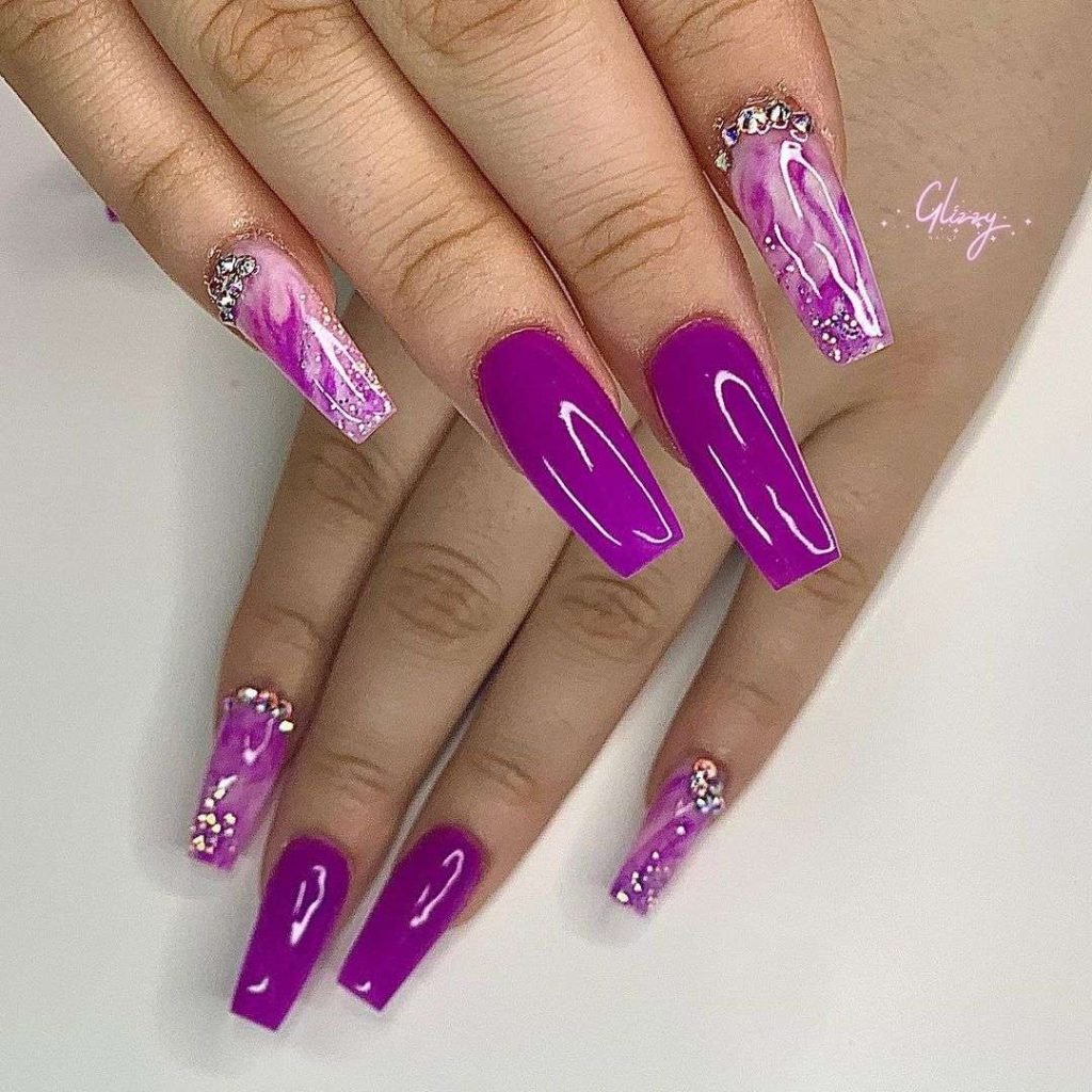 Neon Purple Coffin Nails With Rhinestones And Glitter