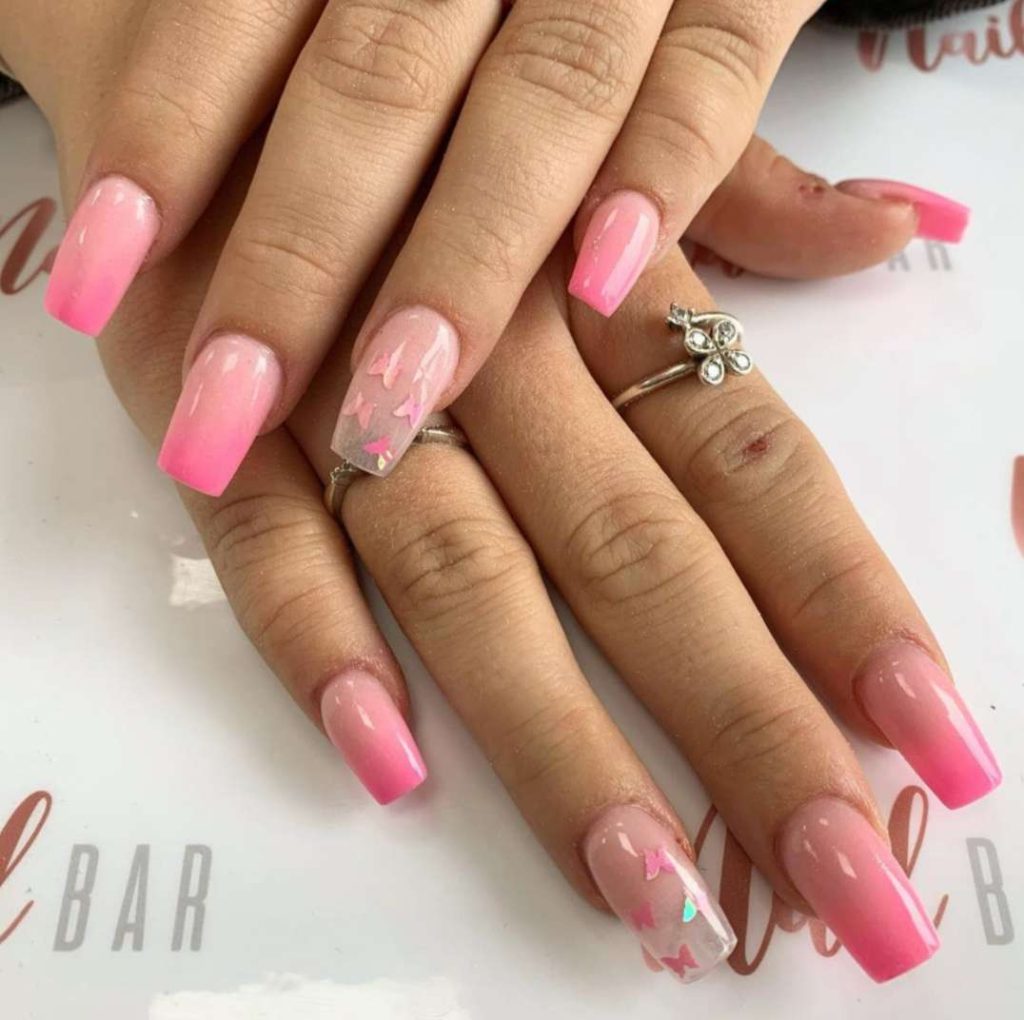 Ombré Pink Coffin Nails With Butterflies