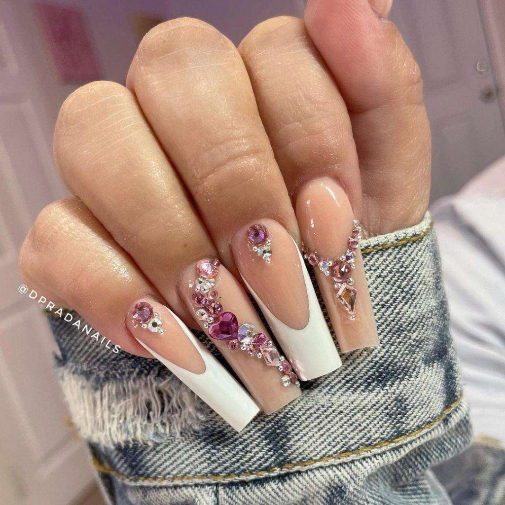 Perfect Nude And Super White Baddie Simple Coffin Nails With Rhinestones