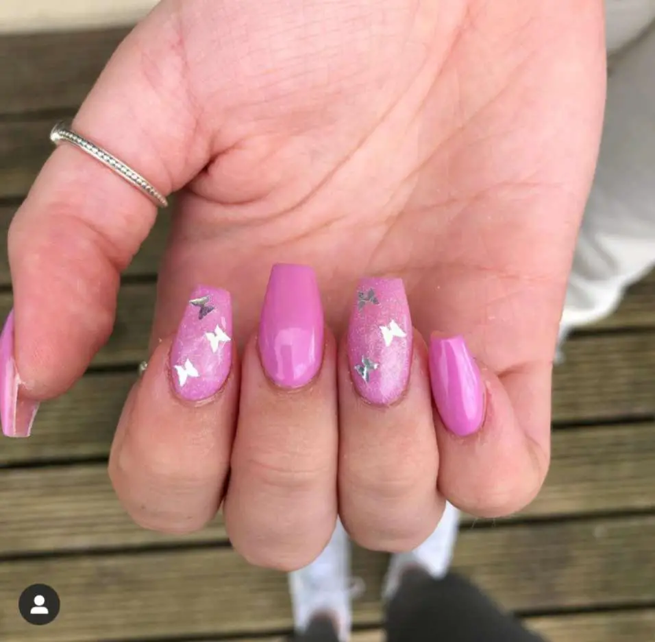 Pink Butterfly Nails With Mermaid Dust