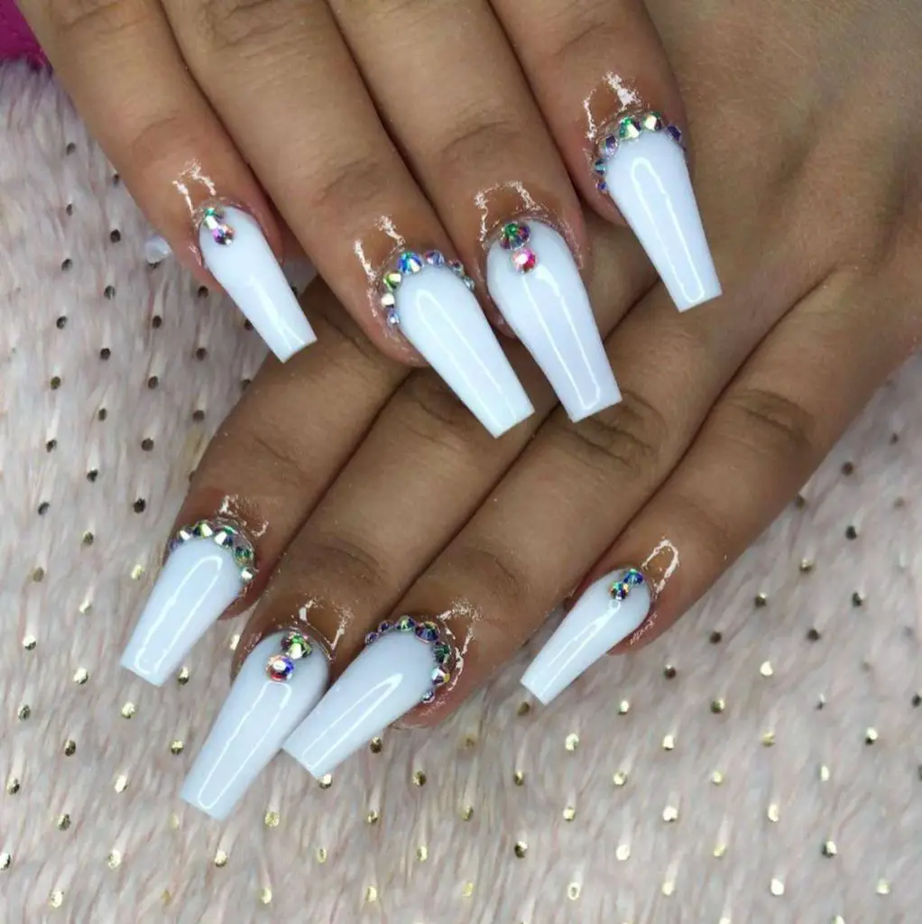 Pure Bling White Coffin Nails With Rhinestones