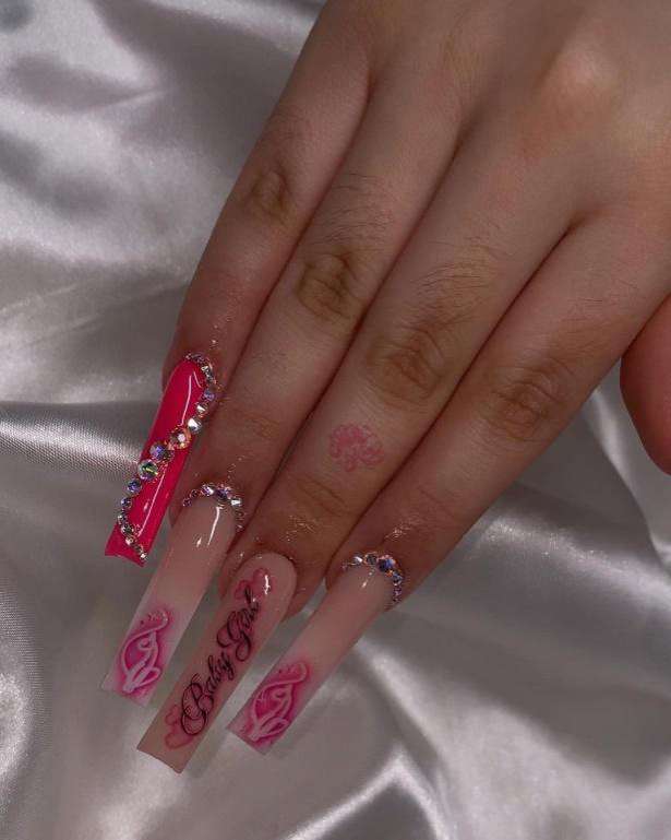 Red And Nude Baddie Simple Coffin Nails With Rhinestones