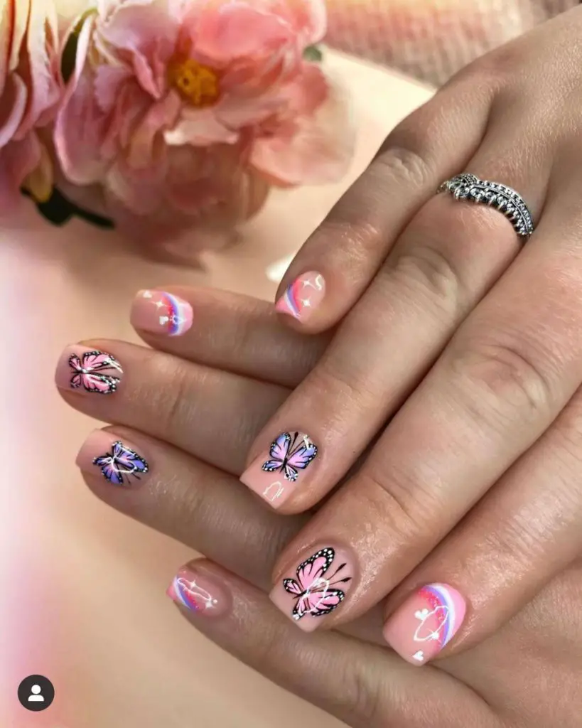 Short Colorful Pink Butterfly Nails