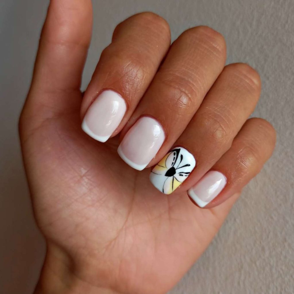 Short Pastel Pink Butterfly Nails With French Tips
